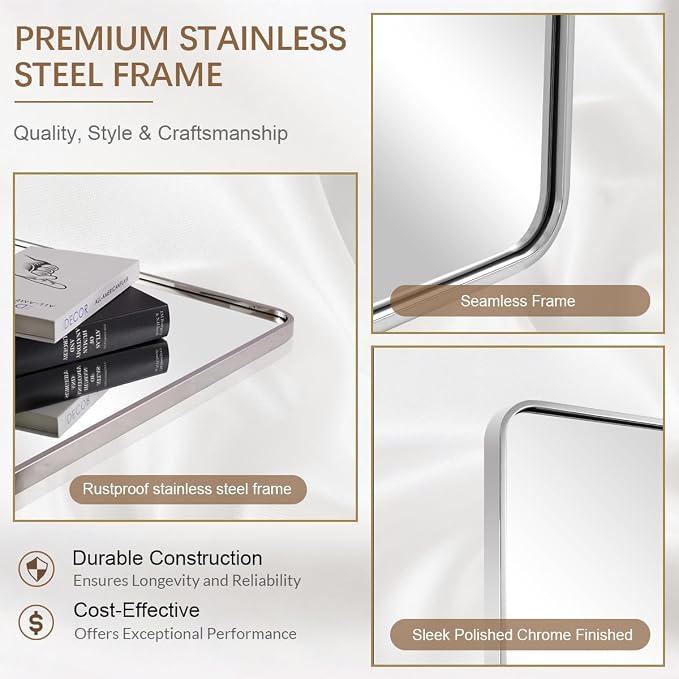 ANDY STAR 24x30'' Chrome Mirrors for Bathroom Sink, Rounded Rectangle Bathroom Vanity Mirror in 1'' Rustproof Seamless Tube Metal Frame, Wall-Mounted Horizontal/Vertical for Home Remodel, Over Sinks