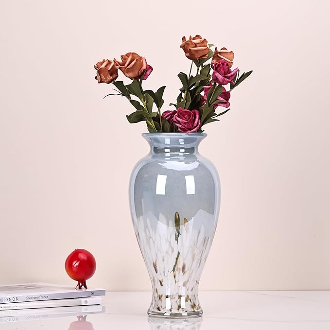 11.8" Tall Blue and White Glass Vase Beautiful Hand Blown Glass Vase Modern Art Home Decor, Wide Mouth Colorful Vases for Mantle Dining Table Centerpiece, Entryway Living Room Wedding Decoration