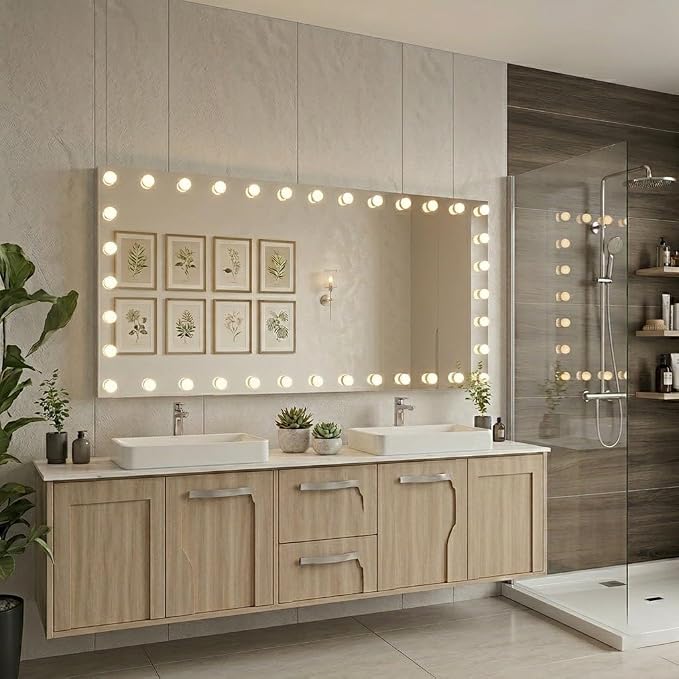 WTTY 84"x40" Hollywood Vanity Mirror with Lights, Wall-Mounted Makeup Mirror with 3 Color Temperatures, Stepless Dimmable Bulbs, Anti-Fog & Shatter-Proof