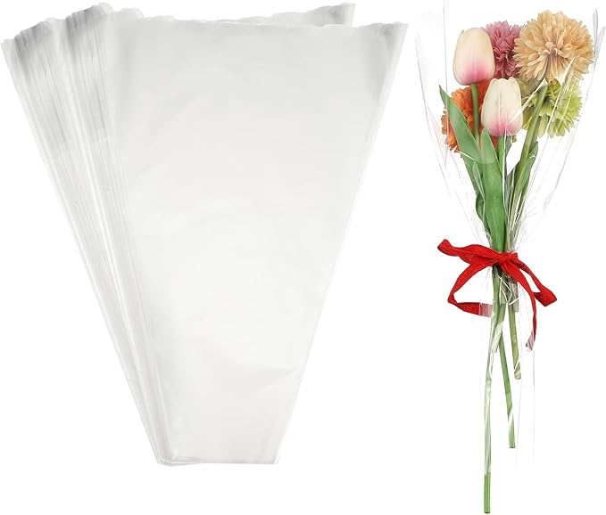 YELARXI Clear Flower Wrapping Bags, Transparent Flower Packaging Bag Waterproof Durable Bouquet Sleeves - Fitting for (Florists/Floral Arrangements Supplies), 13.8x3.9x19.7 Inch & 100Pcs