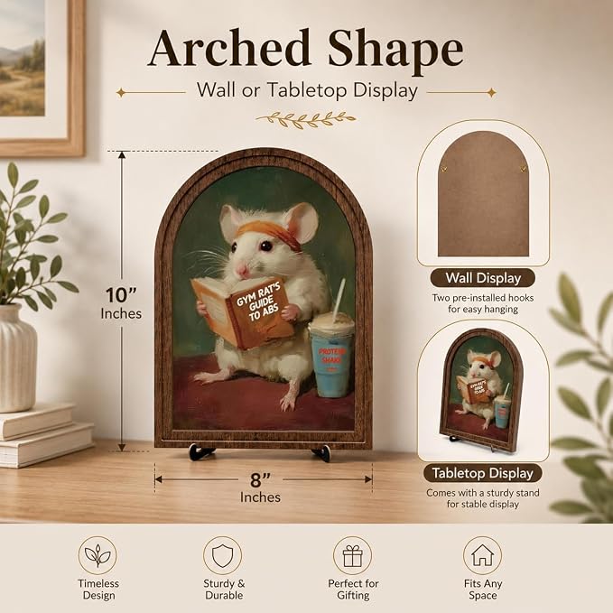 Wooden Tabletop Sign Funny Mouse Decor for Bookshelf Desk Shelf, Vintage Reading Animal Art, Arched Wooden Sign with Stand Decoration, Rustic Home Gym Office Decor