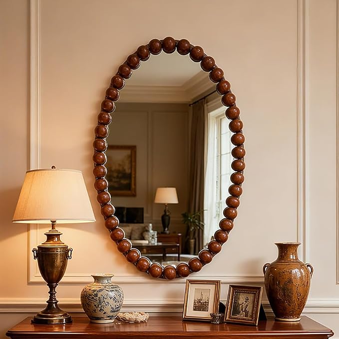 Oval Wall Mirror with Beaded Frame, 81x52cm Boho Wooden Vanity Mirror, for Bathroom, Entryway, Hallway, Living Room
