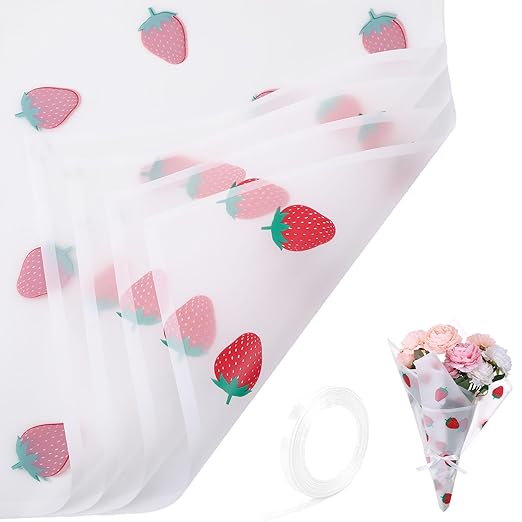 20 Sheets Flower Wrapping Paper, Translucent Strawberry Flower Bouquet Wrapping Paper with Ribbon White Floral Papers White Gifts Wrapping Papers for Bouquets Birthday Girl Wedding Christmas Valentine