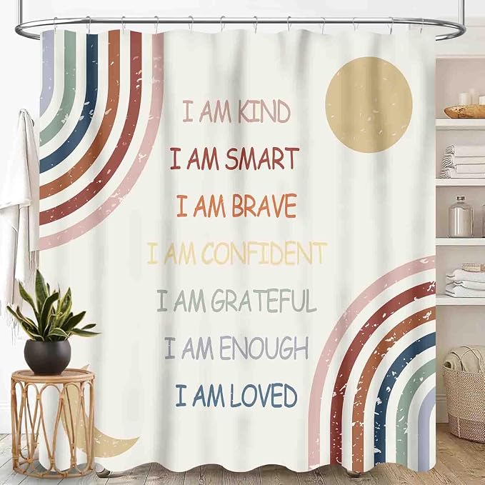 Rainbow Shower Curtain, Girls Boho Rianbow Quotes Inspirational Motivational Positive Colorful Pastel for Baby Kids Waterproof Fabric Bathroom Shower Curtain Set with Hooks, 72"x72" Inch
