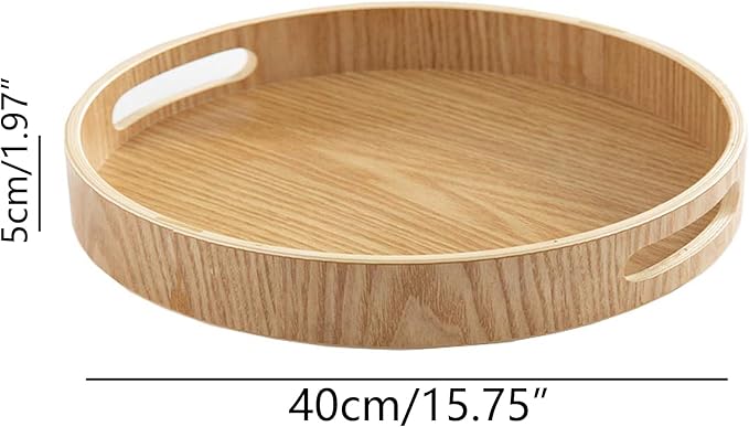 i-lan Multi-Purpose Large Wooden Round 2" High Wall Severing Tray Food Storage Platters Plate with Handles,16 Inch Cocktail Circular Wood Tray for Breakfast, Drinks, Snack, Coffee Table (XL-40cm)