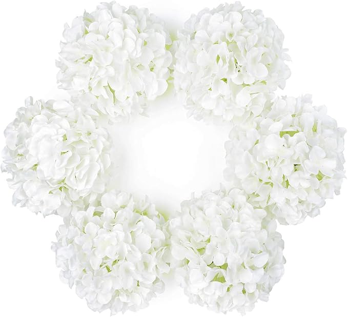 DuHouse Artificial Bigger Silk Hydrangea Flower Heads with Stem Fake White Hydrangea Flowers for Wedding Home Garden Centerpiece Pack of 6
