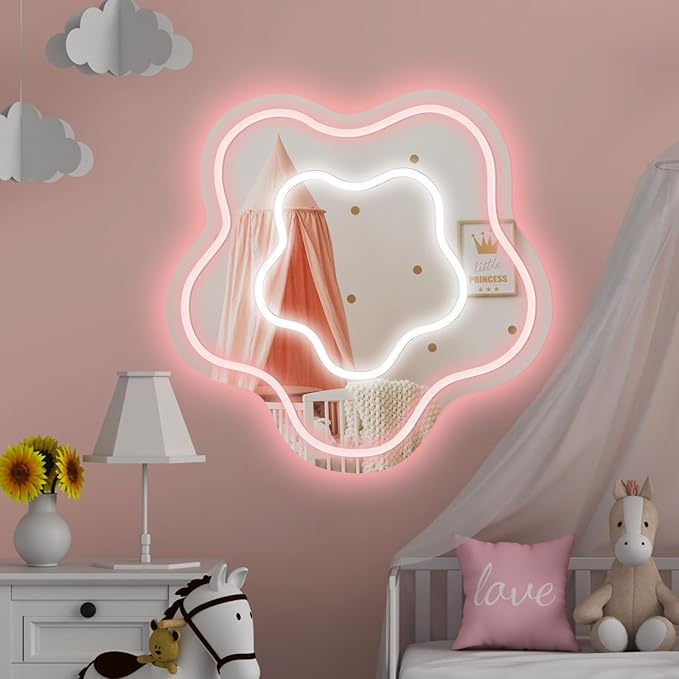 Flower Mirror Neon Sign Dimmable USB LED Neon Lights for Ideal Home Decor for Bedroom, Kidsroom, Living Room Parties, Christmas Birthdays Gifts for Girls Women, Boho Mirror Wall Sign Art Gift