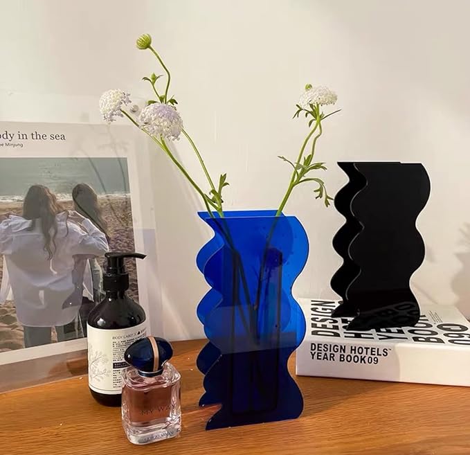 BLOFLO Klein Blue Acrylic Vase, Geometric Wave Shaped Vases for Flowers, Modern Contemporary Decor for Home Office Wedding