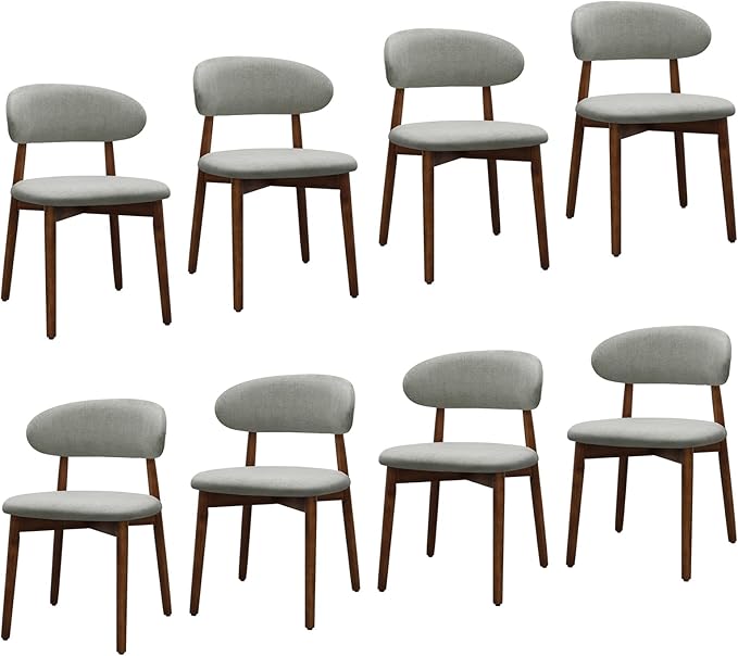 Farmhouse Dining Chairs Set of 8, Mid Century Modern Fabric Upholstered Kitchen Chairs, Wooden Dining Room Chair with Curved Back for Kitchen Dining Room Restaurant Cafe, Light Green (Only Chairs)