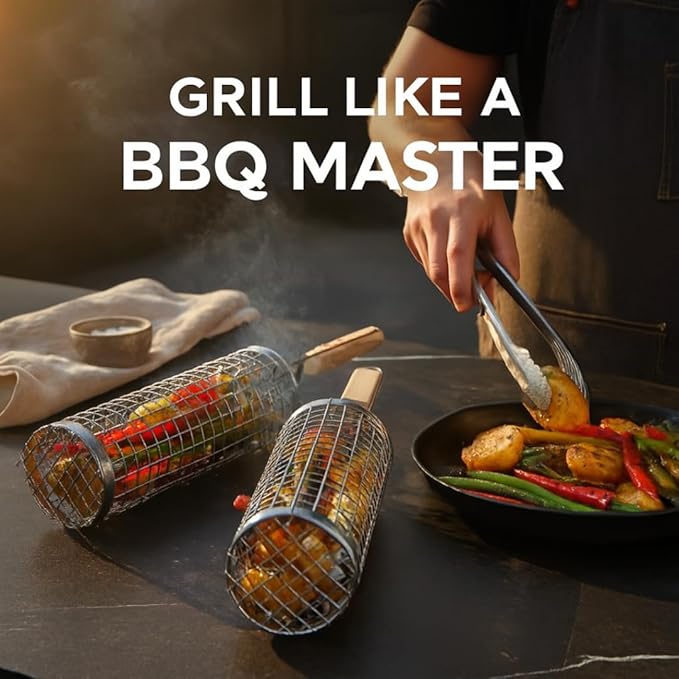 Grill Well 2.0 - Rolling Grill Basket (2 PCs) ideal as Birthday Gift for Dad who has Everything, BBQ Vegetables Grill Baskets, Outdoor Cooking Gadgets, Mens Gifts Ideas, BBQ Smoker Accessories & More