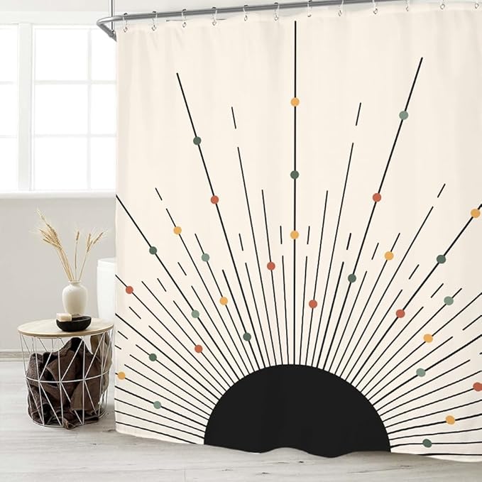 Miyotaa Black Sun Shower Curtain Set 60Wx71H Inches Abstract Minimalist Modern Sunrise Sunset Aesthetic Sunburst Waterproof Bathroom Curtain with 12 Hooks