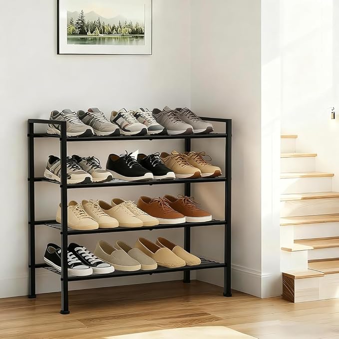 DongRong 4-Tier Shoe Rack,Metal Simple Shoe Storage Organizer Shelf for Closet,Entryway, Bedroom,Garage (Black, 4 Tier)