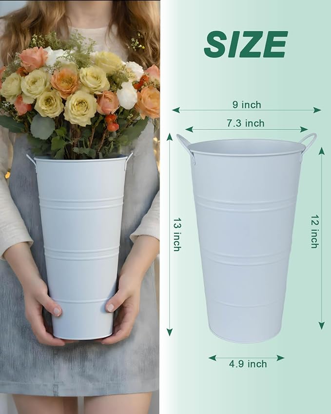 12 Inch Galvanized Metal Vases for Flowers - 6 Pcs Farmhouse Decorative Tall Flower Bucket with Handles, Rustic French Tin Planter Buckets for Wedding Decor (Pure White)