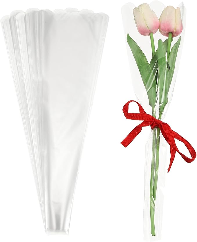 YELARXI Clear Flower Wrapping Bags, Transparent Flower Packaging Bag Waterproof Durable Bouquet Sleeves - Fitting for (Florists/Floral Arrangements Supplies), 4.7x1.6x14.2 Inch & 100Pcs