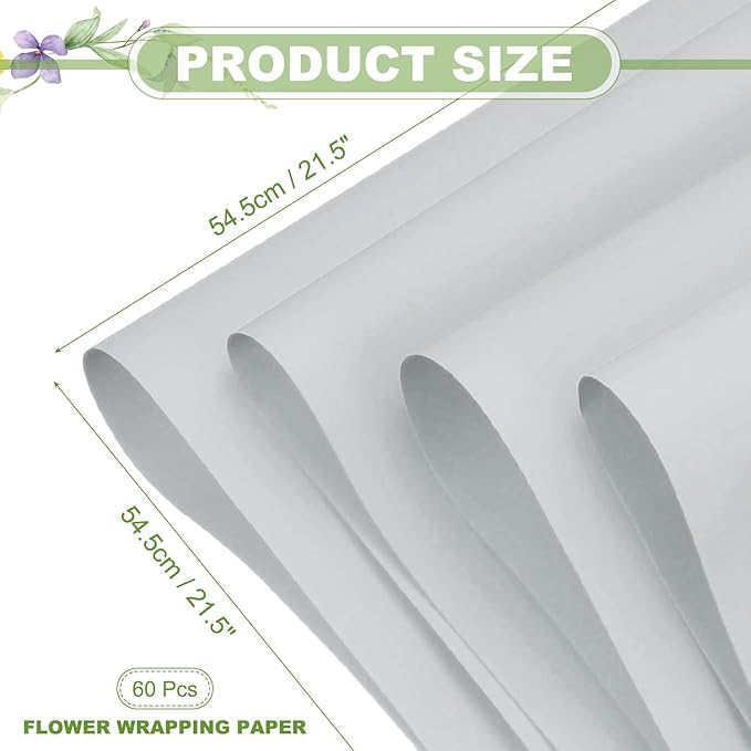 uxcell 60 Sheets Flower Wrapping Paper, 21.5" x 21.5" Waterproof Floral Bouquet Wrapping Papers Florist Supplies for Wedding Party Gift Packaging DIY Crafts, Gray