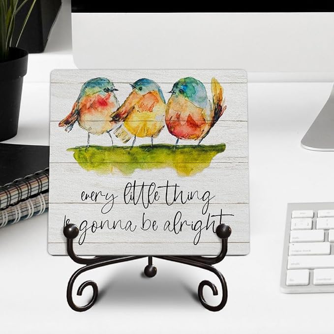 Uplifting Inspirational Gifts - Watercolor Birds Wooden Sign - Every Little Thing Is Gonna Be Alright - Rustic Farmhouse Decor for Shelf, Desk, Tabletop, 5x5 Inches -K17