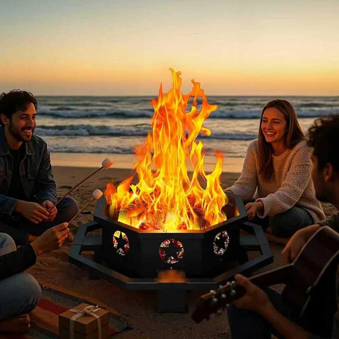 ZIENLIFE 45 Inch Fire Pit for Outside Wood Burning, Outdoor Octagonal Fire Pit with Poker, Large Firepit for Camping, Backyard, Patio, Black