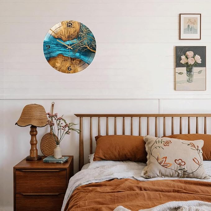 12 Inch Blue River Glass Wall Clock Silent Modern Art Decor | Silent glossy resin and wood-style wall clock perfectly tracks time, adding modern art to your living room