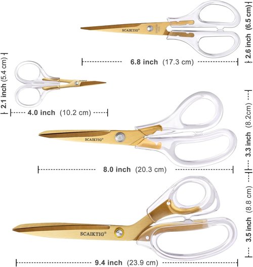 SCAIKTIG Acrylic Scissors Set - Heavy-Duty Office Scissors with Comfort-Grip Handles | Gold & Clear Finish
