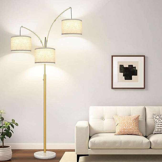 Dimmable 3 Lights Arc Floor Lamp, Modern Tall Standing Tree Lamp with Gold Pole, White Linen Shades & Solid Marble Base, 3000LM Warm White LED Bulbs, Elegant Lighting for Living Room, Bedroom & Office