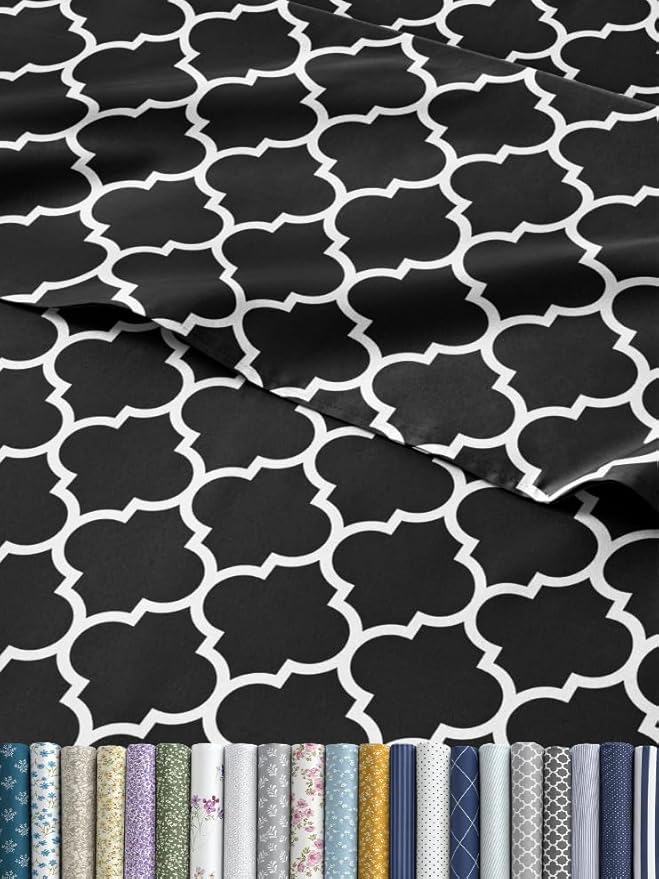 Black Geometric Bed Sheets - 1 Flat & 1 Fitted Sheet & 2 Pillowcases w/ Deep Pockets – Wrinkle & Fade Free- Ultra-Soft, Breathable and Cooling - Luxury Moroccan Bed Set – King Size - Black Quatrefoil