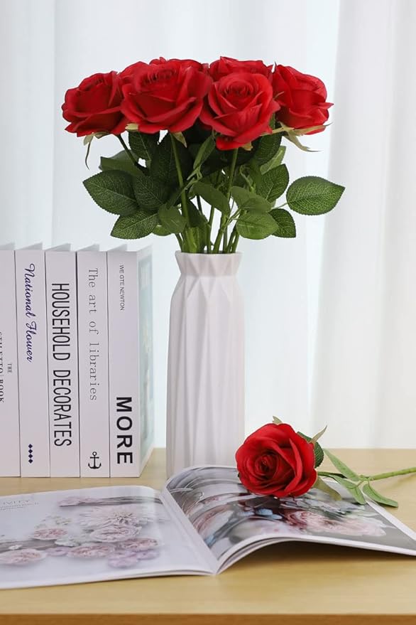 Artificial Rose Flower Artificial Flowers Flower with Long Stem Silk Roses Bouquet for Wedding Bridal Shower Party Home Decoration (Red, 12 Pcs)