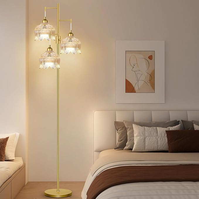 Dimmable Floor Lamps for Living Room Bedroom,Gold Floor Lamp with Glass Lampshape 3 Color Temperatures, Flower Mid Century Modern Standing Lamp Glass Tall Floor Lamps for Living Room Bedroom,Corner