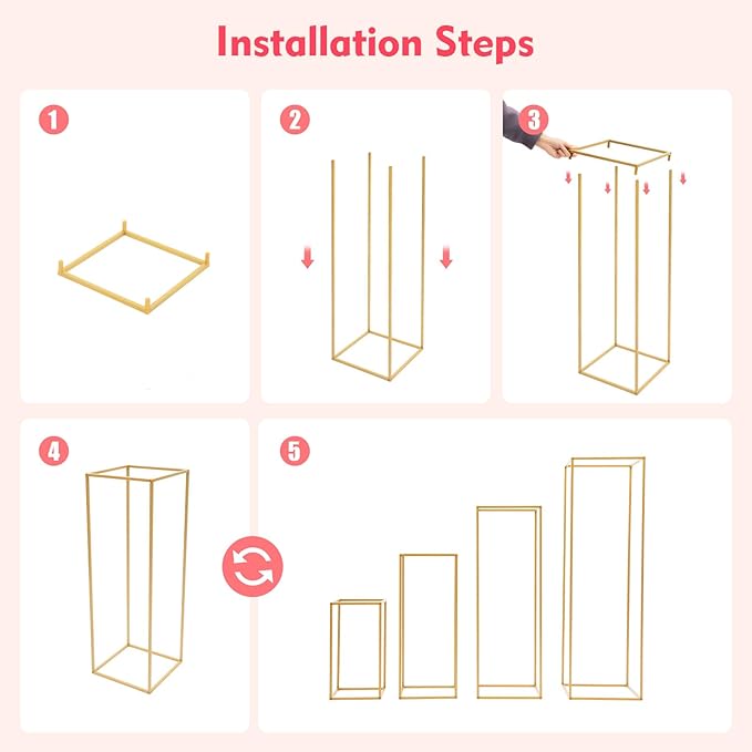 4Pcs Gold Wedding Flower Stands, 4 Different Sizes Metal Column Flower Holders Gold Flower Centerpieces Stands Wedding Metal Centerpieces Rectangular Vase for Wedding Decorations Party Event (4Pcs)