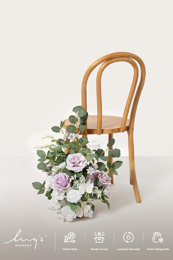 Ling's moment 17.5" Tall Free Standing Artificial Flowers Arrangements 2 pcs Wedding Aisle Runner Chair Decorations Lilac & White Centerpieces for Ceremony Reception Rose Floral Floor Party Outdoor