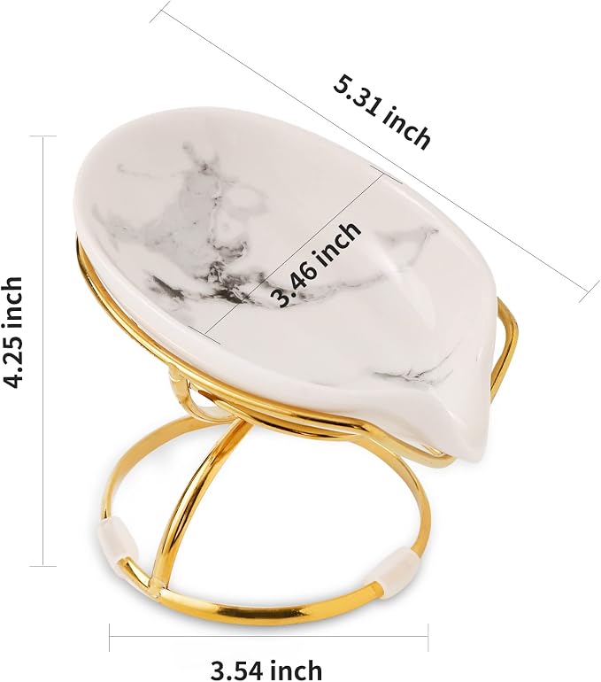 Dobbyby Leaf-Shaped Soap Dish – Ceramic Soap Bar Holder with Self-Drainage System – Bar Soap Holder for Shower, Bathroom Sink, Kitchen – Soap Dish with Stainless Steel Stand (White-Gold-2 Pack)