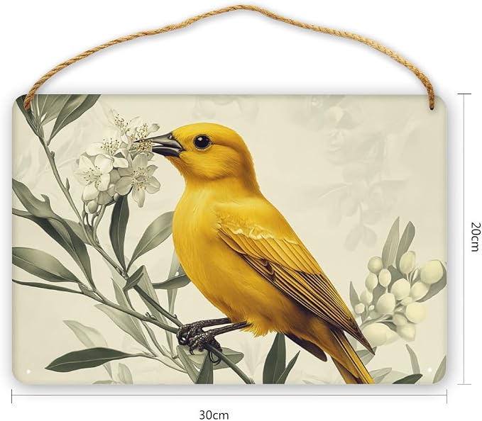 Artful Retro Yellow Bird on Blossom branches Wooden Wall Art, Botanical Home Decors for Nostalgia Seekers, 12x8 Inch Wood Sign for a Warm Living Space Touch