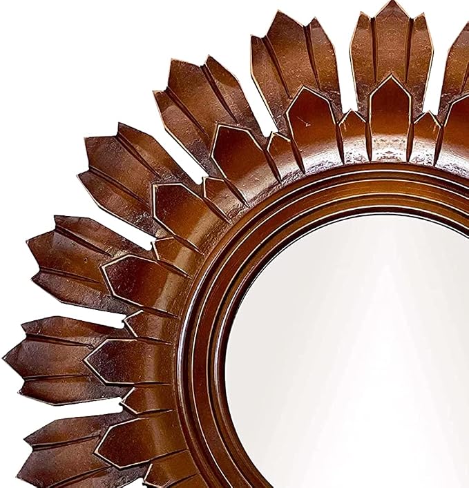 Wooden Wall Mirror, Rustic Wood Frame Mirror for Bathroom, Farmhouse, Bedroom, Entryway and Living Room, Modern Hanging Decorative Wall Mirror (Brown in Sunburst Shape)
