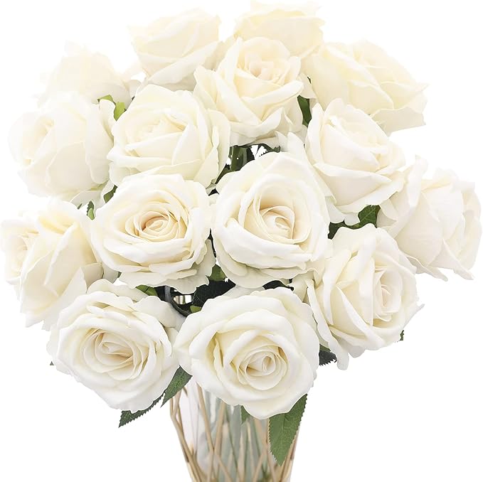 Cloudecor 15Pcs White Roses Artificial Flowers Fake Roses Long Stem Velet Rose Silk Flowers for Home Wedding Decoration (Round Roses,Cream White)