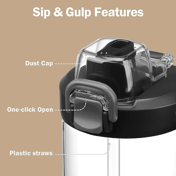 32oz Glass Water Bottle, 2-in-1 Straw and Sip Spout Lid, Leakproof Wide Mouth Tumbler with Handle, BPA-Free Reusable Bottle for Sports, Office, Outdoor, Black