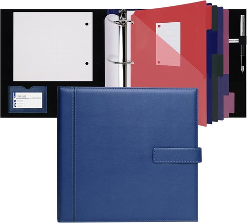 POPRUN PU Leather 2-Inch 3-Ring Binder | Professional Business Organizer with Dividers & Filler Papers - Blue
