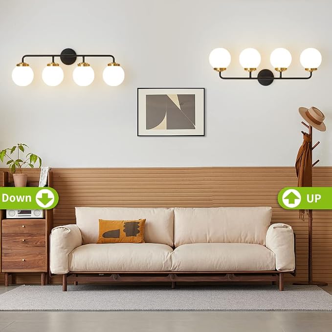 Black Gold Bathroom Light Fixtures Above Mirror, Modern Vanity Lighting with White Glass Globe Shade 4-Light Farmhouse Wall Sconce