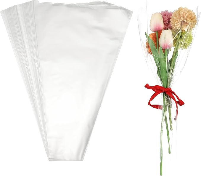 YELARXI Clear Flower Wrapping Bags, Transparent Flower Packaging Bag Waterproof Durable Bouquet Sleeves - Fitting for (Florists/Floral Arrangements Supplies), 11.8x3.1x17.7 Inch & 100Pcs