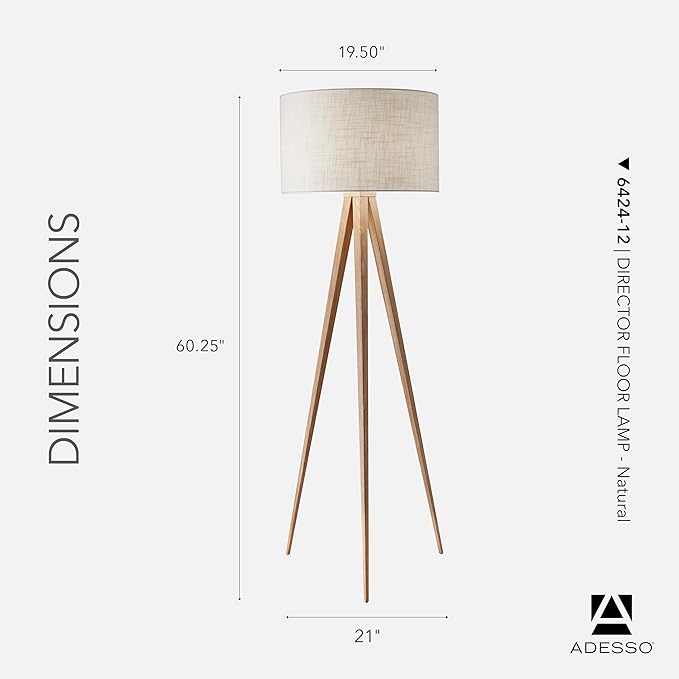Adesso Floor Lamp with Natural Oak Veneer and Off-White Fabric Lampshade – 3-Way Adjustable Brightness, Lamp for Bedroom, Living Room, and House Décor, 60.25” x 21”