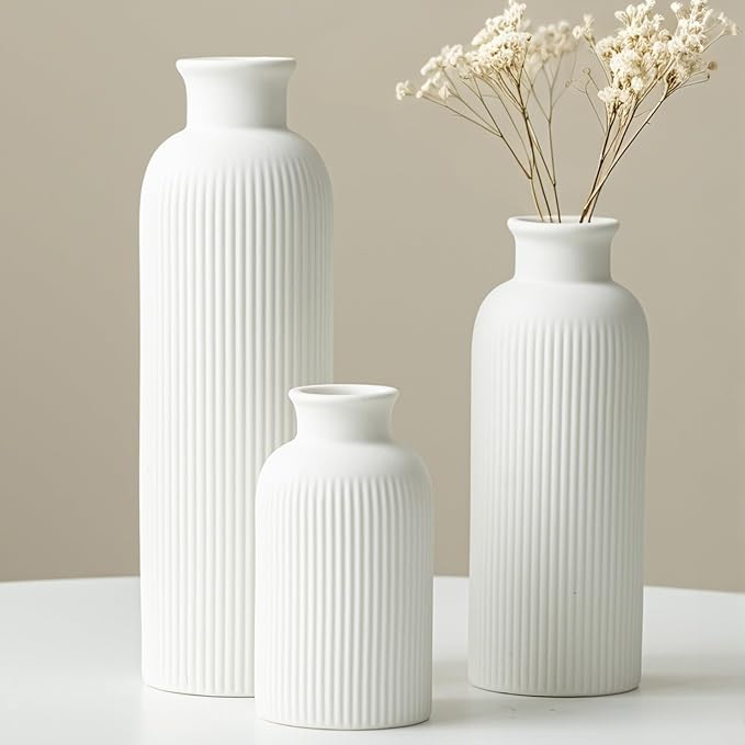 Modern Ceramic Vase Set, White Ribbed Matte Design, 3-Piece Decorative Vases for Home, Living Room, Office (White)