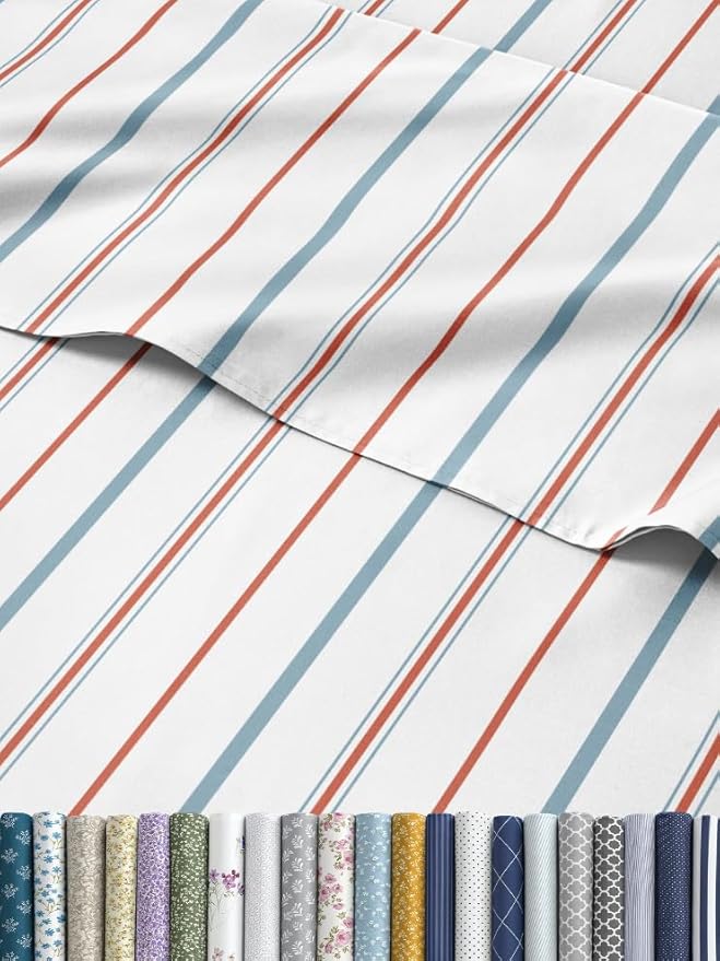 Striped Sheets - Red & Blue Striped Sheets - 1 Flat & 1 Fitted & 2 Pillowcases w/ Deep Pockets – Wrinkle & Fade Free - Ultra-Soft, Breathable & Cooling – Luxury Pinstripe Bedding - Queen Size Bed Set