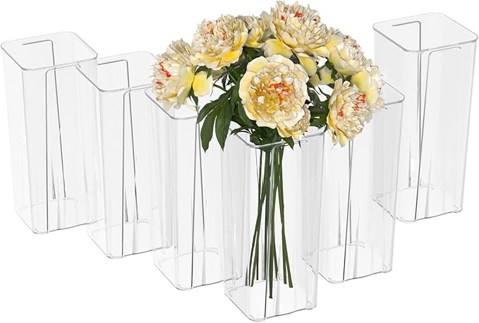 Sadstory Acrylic Tall Square Flower Vases, Clear Plastic Table Vases for Centerpieces, 6 Packs