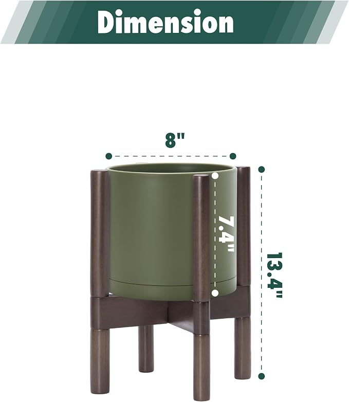 D'vine Dev Planter Pot with Stand - 8 Inch Plastic Cylinder Flower Pot with Wood Planter Holder for Indoor, Olive Pot + Walnut Color Stand, 55-C-I-3