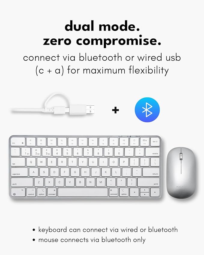 Macally Apple Wireless Keyboard and Mouse for Mac - Dual Mode (Bluetooth + Wired) - Multi-Device, Rechargeable - Mini Wireless Keyboard and Mouse Combo for MacBook, iPad, Mac mini/Air/Pro (Silver)
