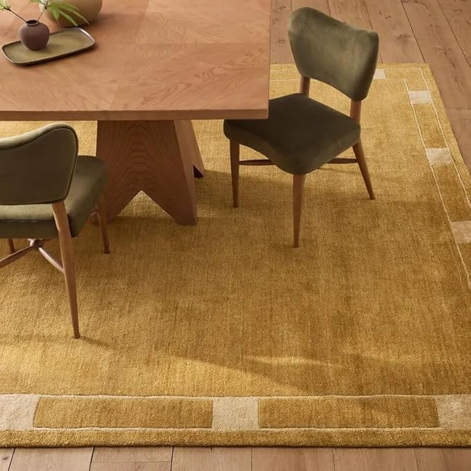 Hand Tufted Wool Area Rug, Warm Mustard Gold Solid Center with Minimal Border Design, Rectangular Modern Contemporary Carpet for Living Room, Bedroom, Dining Room