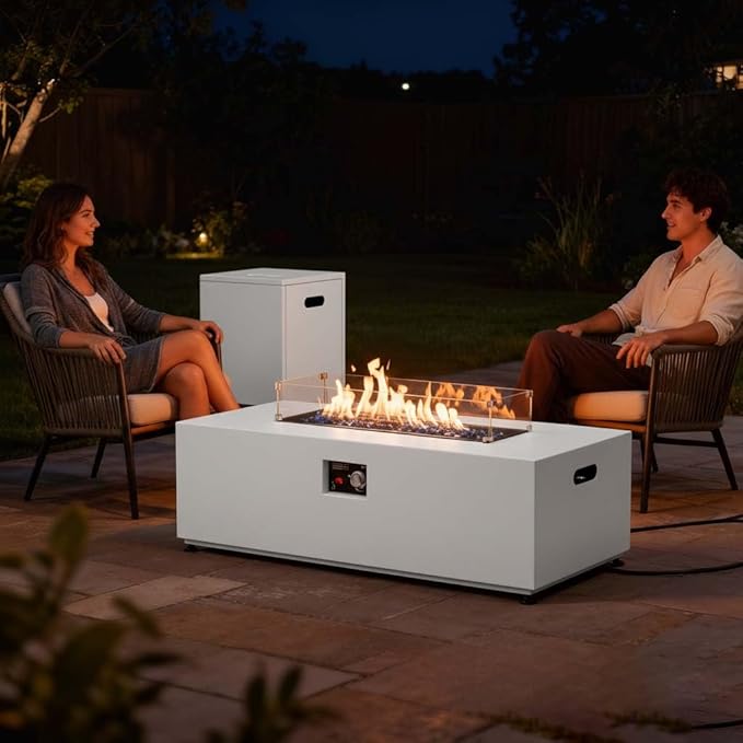 Aeeiua 42" Propane Fire Pit Table Set with Tank Holder, Rectangle 2-Piece Outdoor Firepit Wind Guard, Lid, Glass Stones and Cover