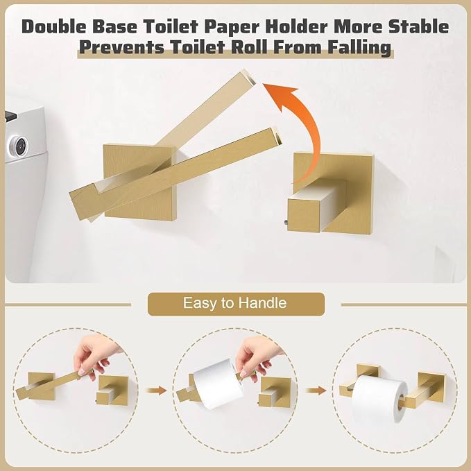 5-Piece Towel Bar Set Brushed Gold Bathroom Hardware Accessories Set Includes Upgraded Double Base Toilet Paper Holder,Modern Square Towel Holder Set Stainless Steel Wall Mount 23.6 Inch