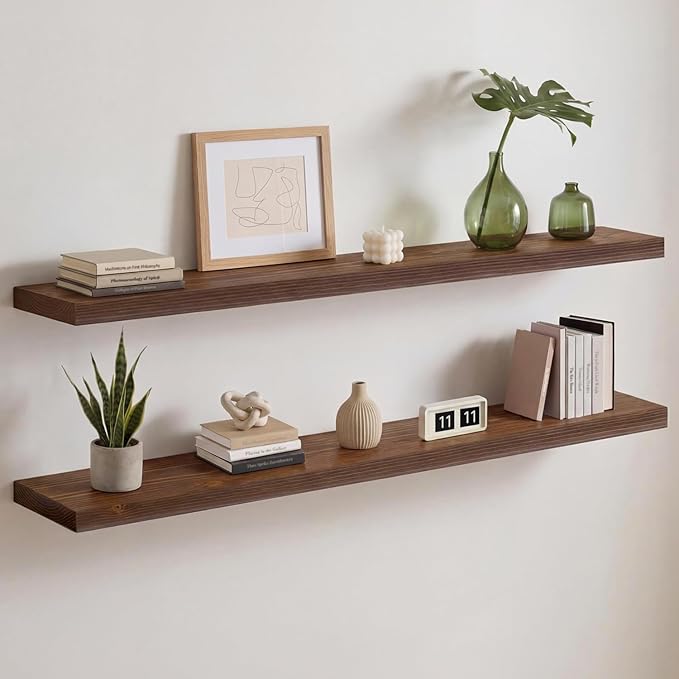 Homeforia Classic Walnut 48 inch Floating Shelf, High End Solid Real Wood Small 48inch Floating Shelves for Wall Mounted, 48in Floating Shelves, Heavy Duty Bracket, 48 X 6.5 X 1.75 inches, Set of 3