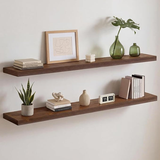 Homeforia Classic Walnut 48 inch Floating Shelf, High End Solid Real Wood Small 48inch Floating Shelves for Wall Mounted, 48in Floating Shelves, Heavy Duty Bracket, 48 X 6.5 X 1.75 inches, Set of 3