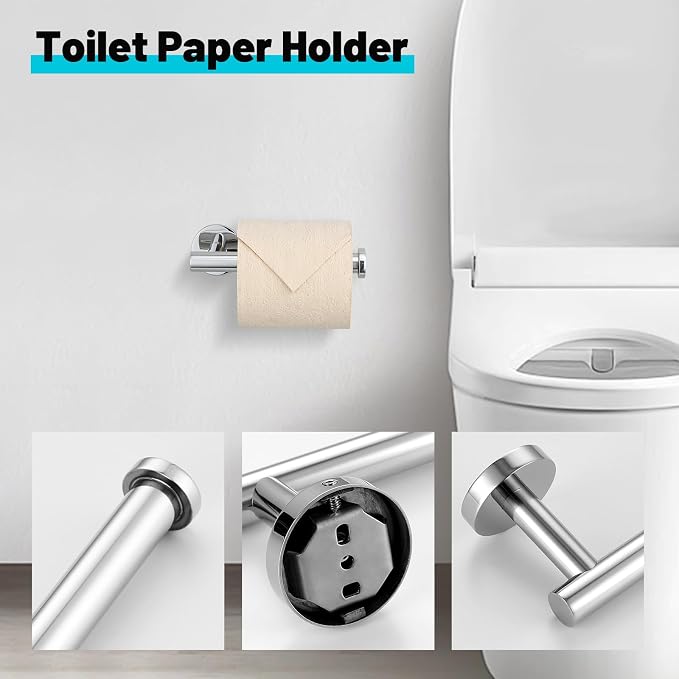 Chrome Bathroom Hardware Set, 4 Pieces Towel Bar Towel Holder Set Includes Towel Bar, Toilet Paper Holder,Towel Ring and Towel Hook Wall Mount Bathroom Accessories Towel Racks for Bathroom
