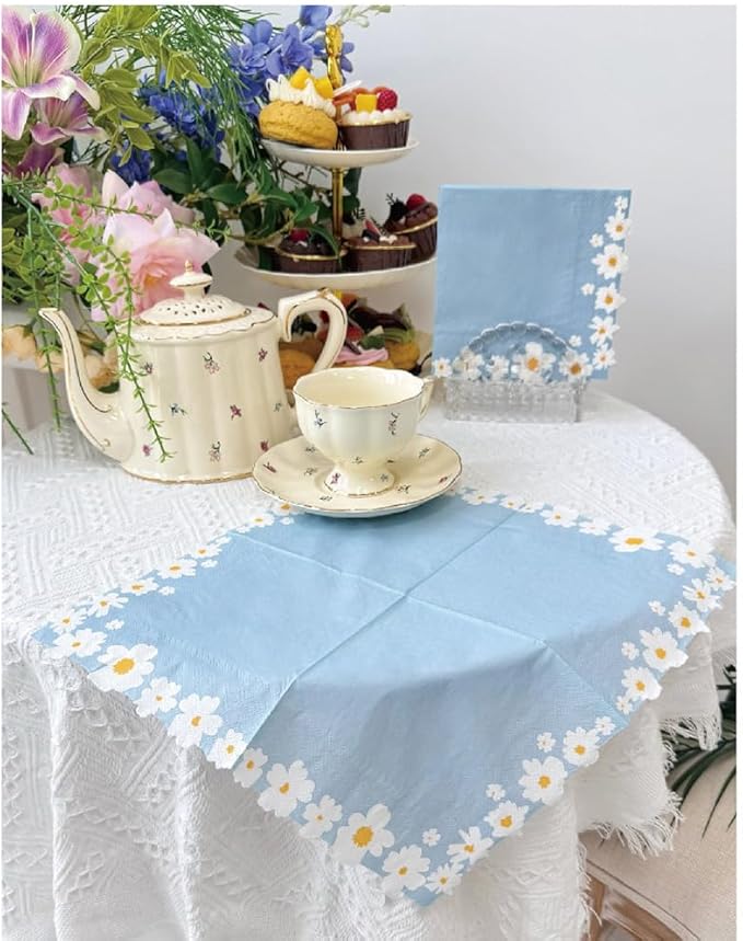 100 Pack Floral Paper Napkins, Blue-White Flowers Cocktail Napkins Tea Party Decorations, 4-Ply Guest Napkins Disposable for Wedding Birthday Baby Shower Bar Hotel Restaurant Folded 6.5 x 6.5 Inches